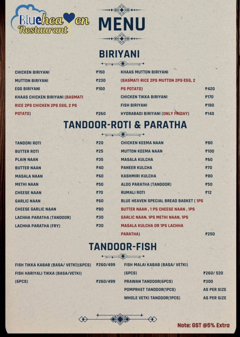 Blue Heaven Restaurant menu