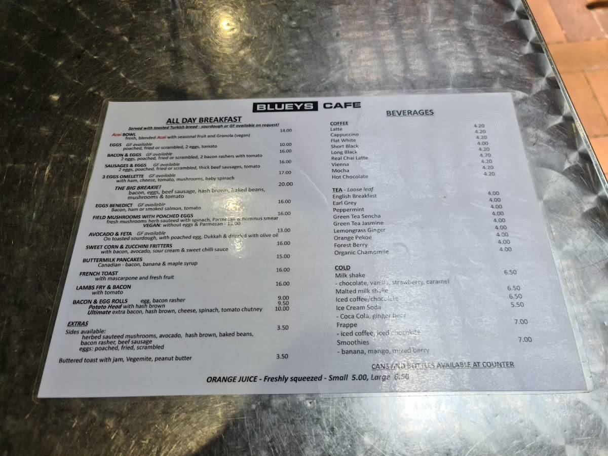 Menu at Blueys Cafe, Lismore