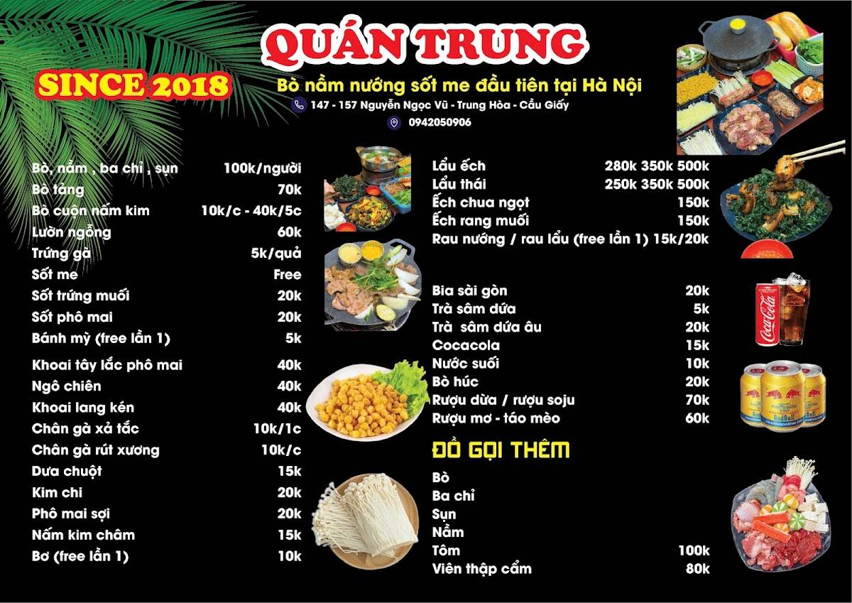 Menu at Bò Nầm Nướng Quán Trung restaurant, Hanoi