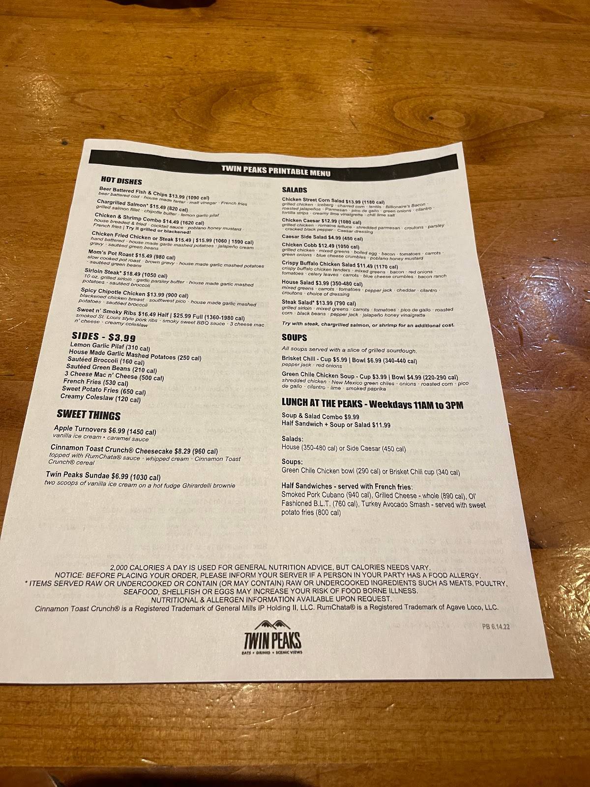 Menu at Twin Peaks pub & bar, Boise