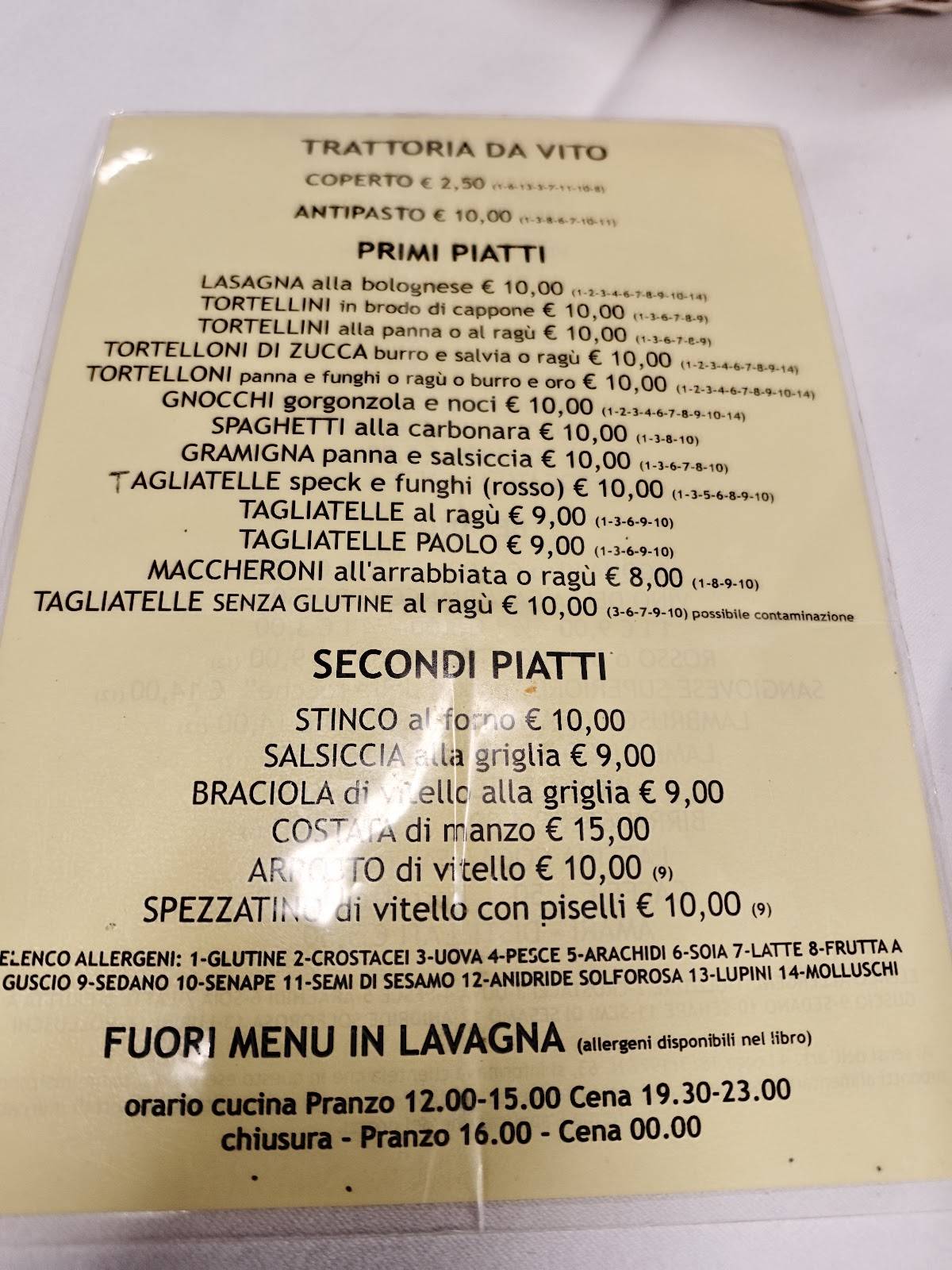 Menu di Trattoria Da Vito 