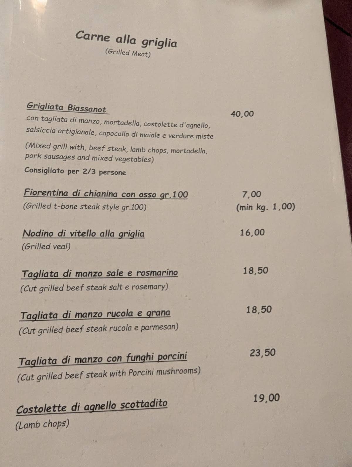 Menu di Trattoria dal Biassanot 