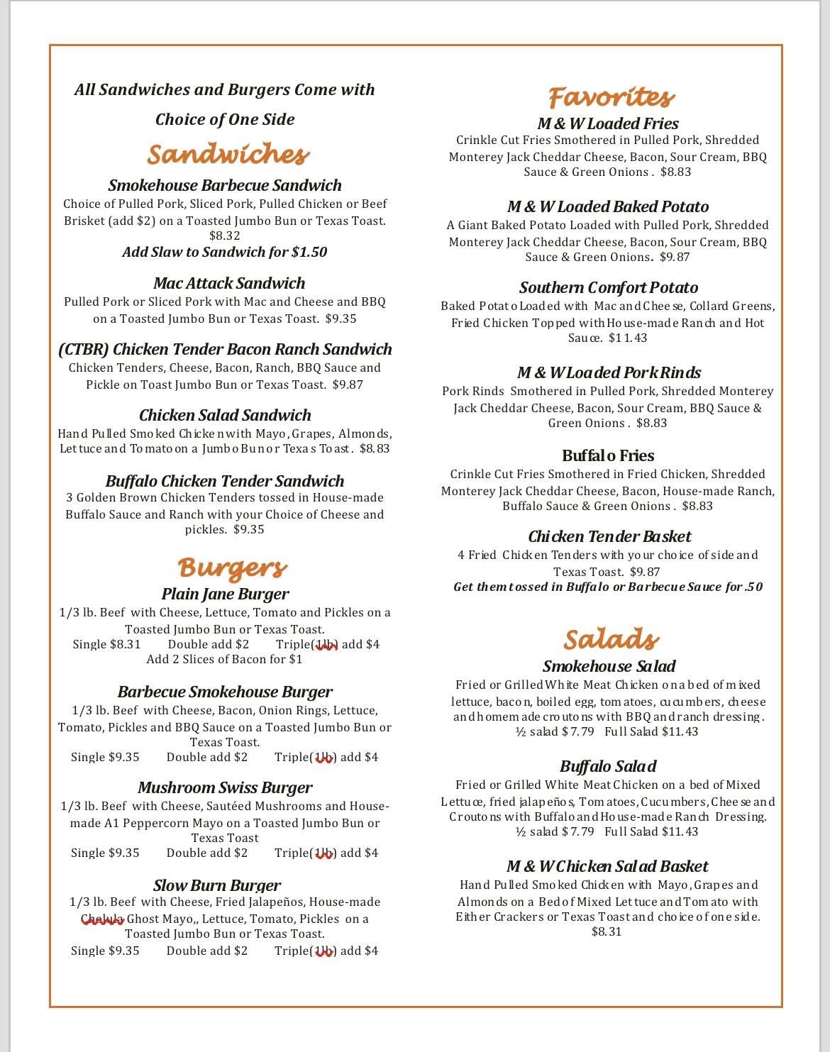 Menu at M & W Smokehouse Barbecue, Bonifay, West
