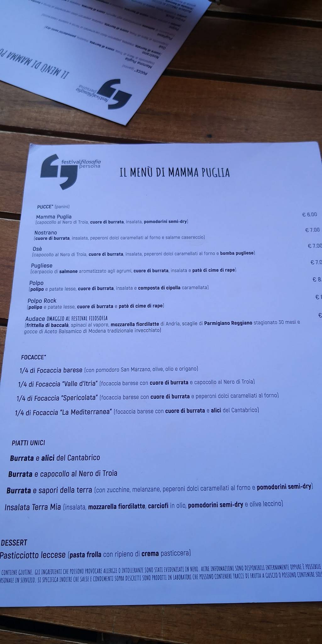 Меню паба и бара Bottega Mamma Puglia, Модена