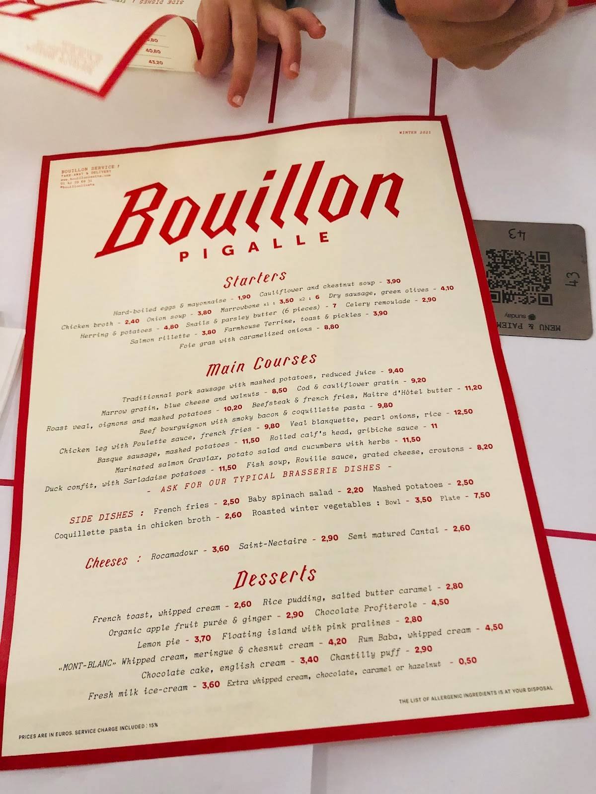 Menu at Bouillon Pigalle restaurant, Paris