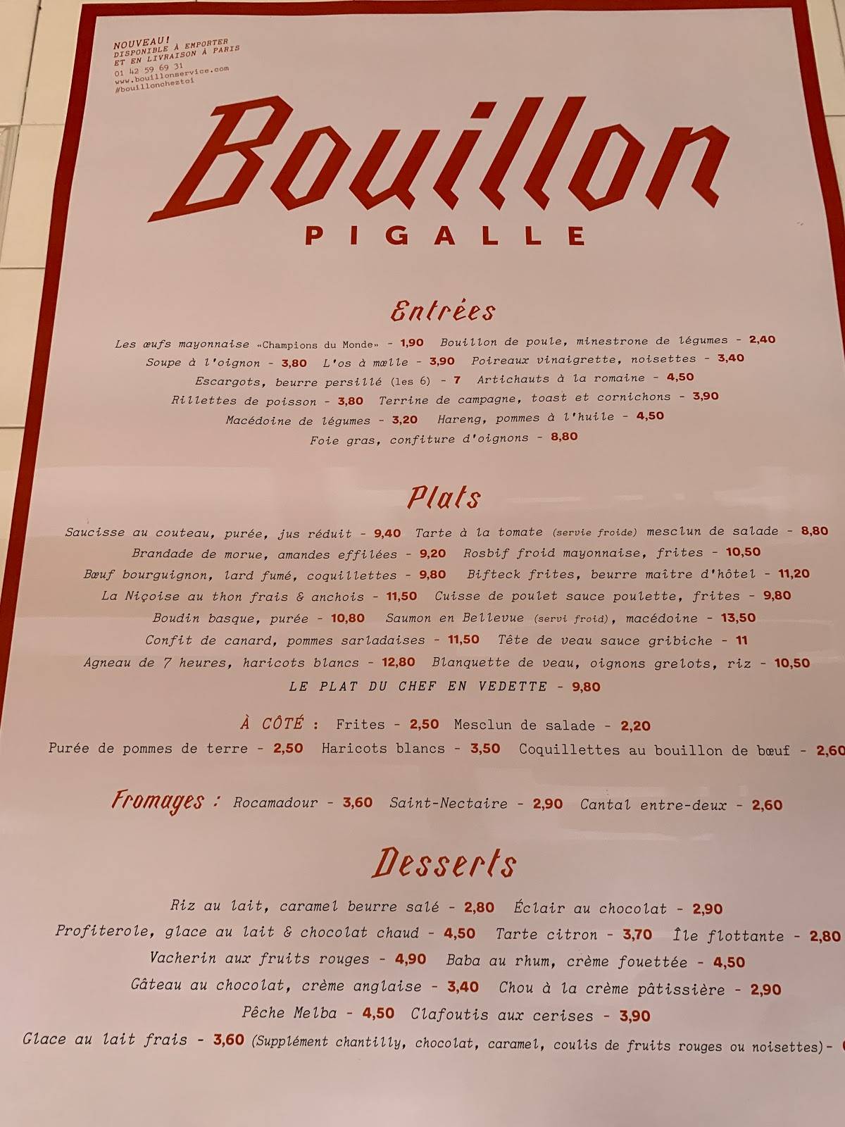 Menu at Bouillon Pigalle restaurant, Paris