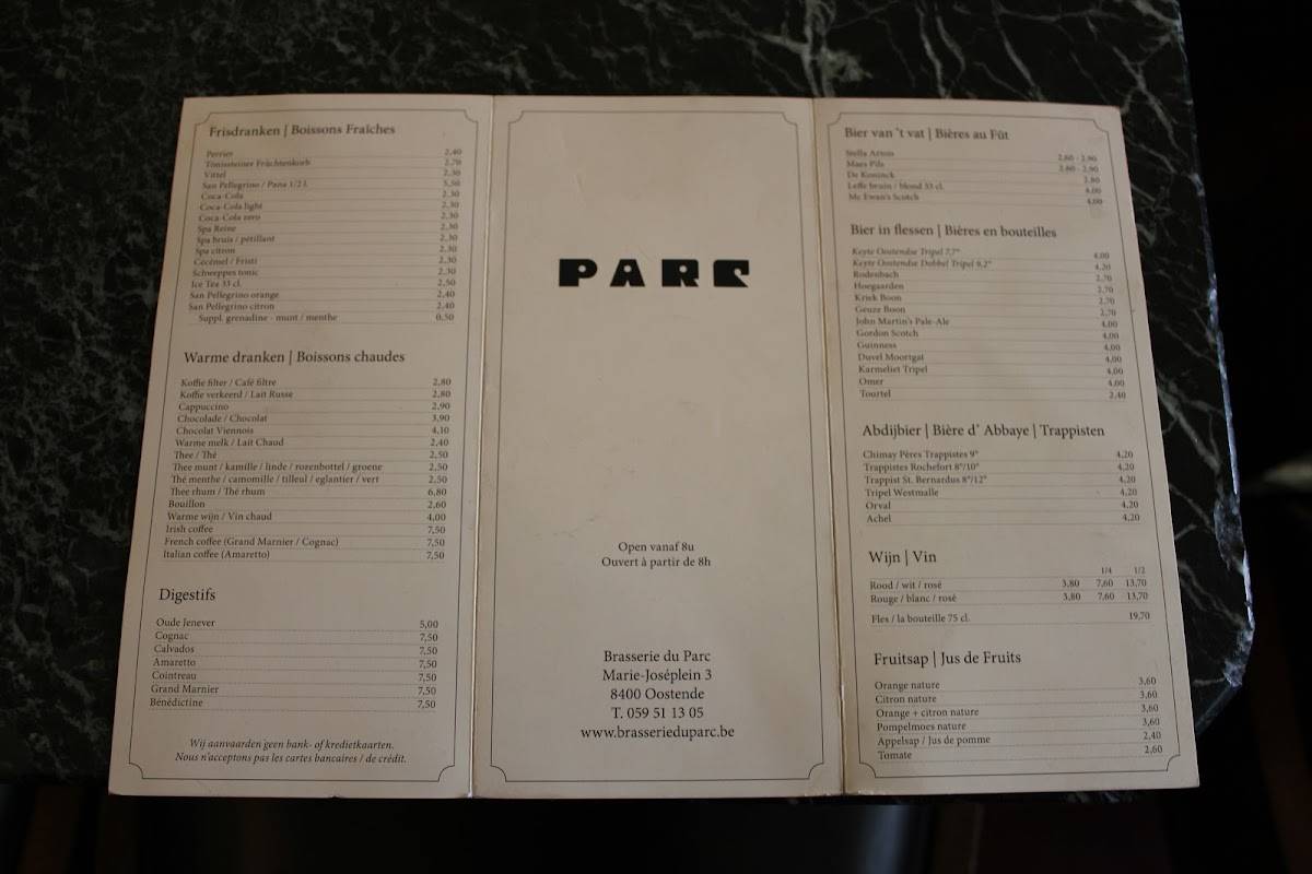 Menu at Brasserie du Parc, Ostend, MarieJoséplein 3