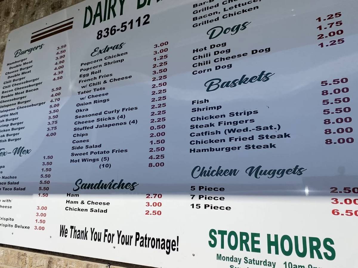 Menu at Dairy Bar, Brenham, S Chappell Hill St
