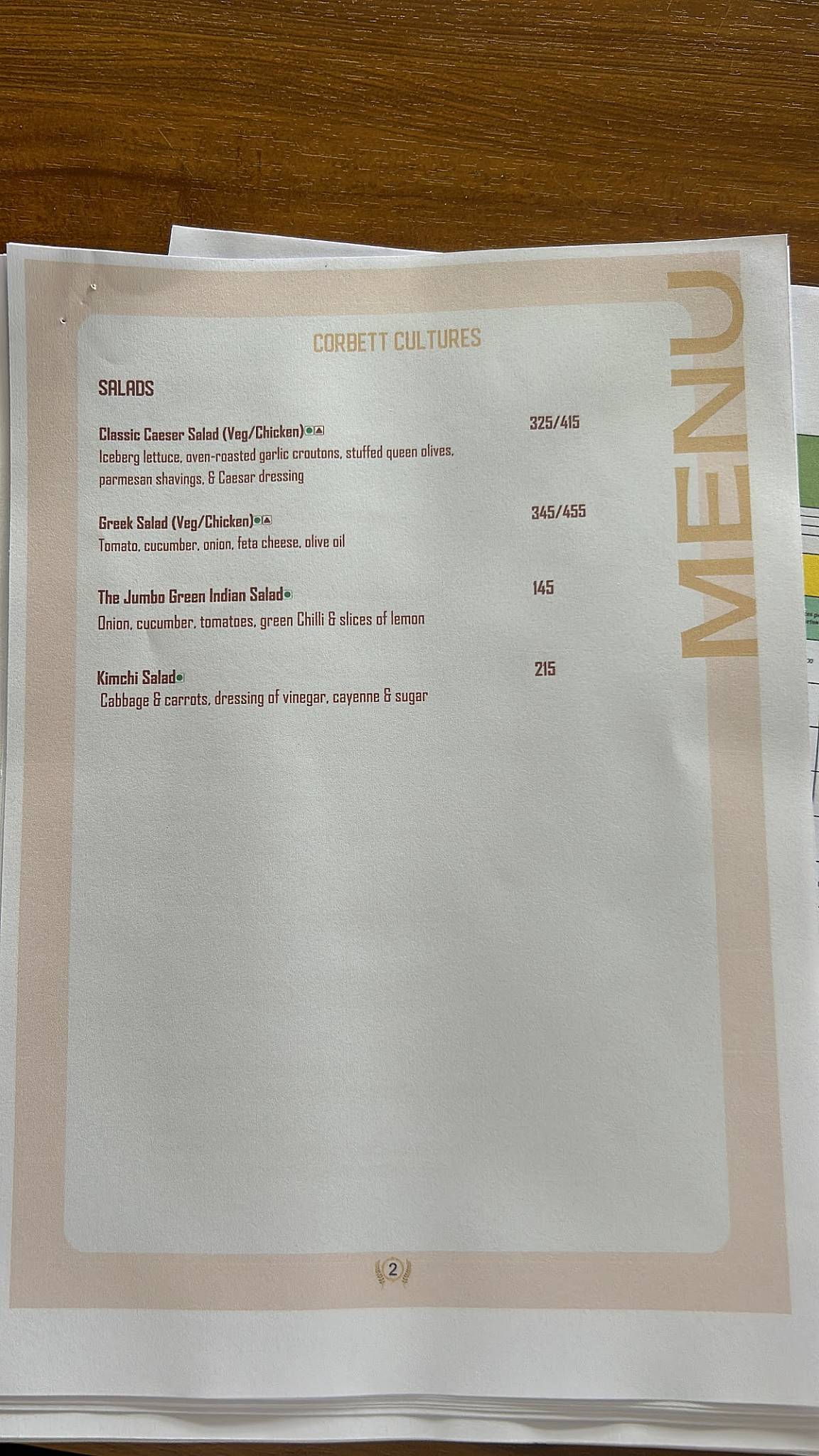 Corbett Cultures menu