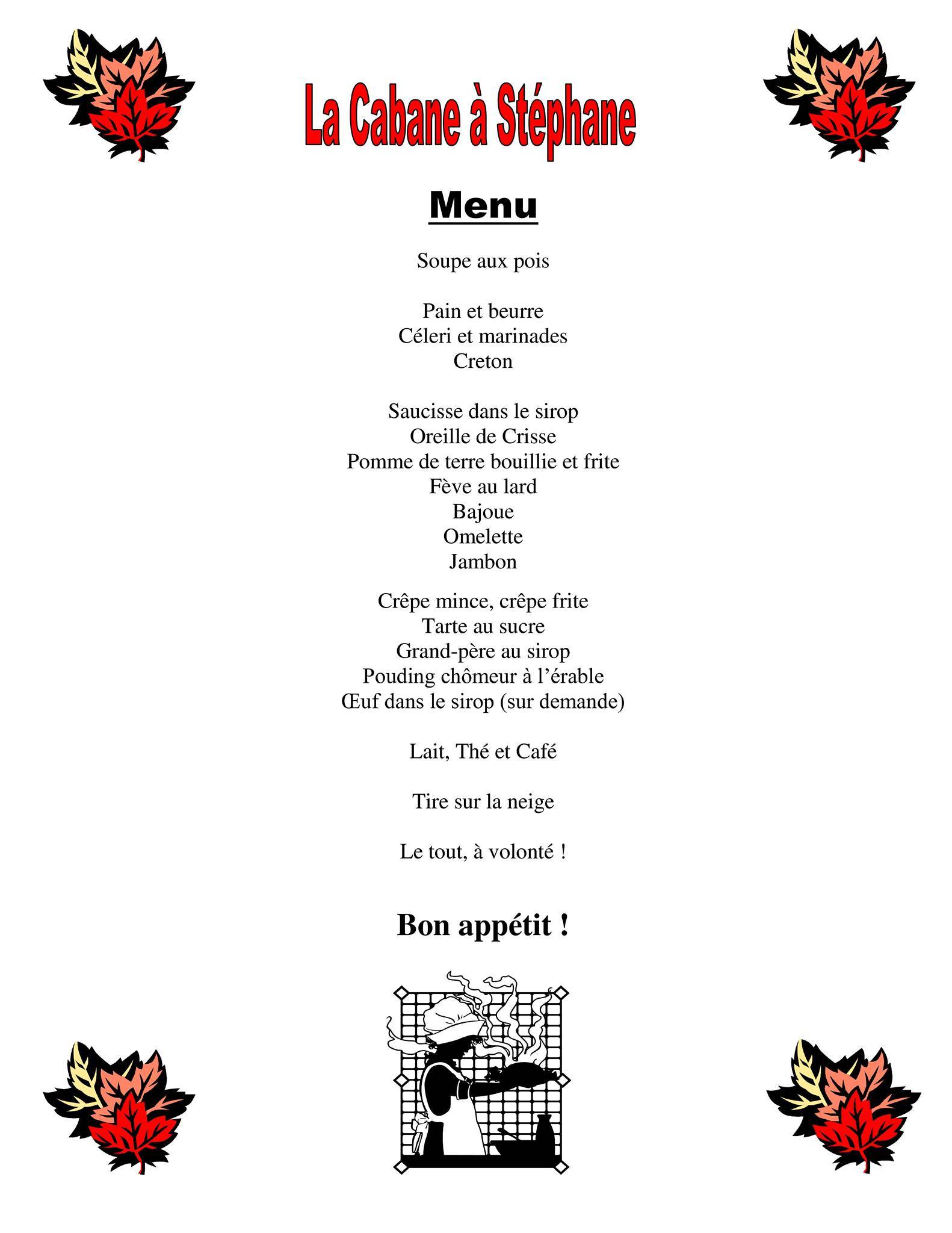 Menu de Cabane à Stéphane