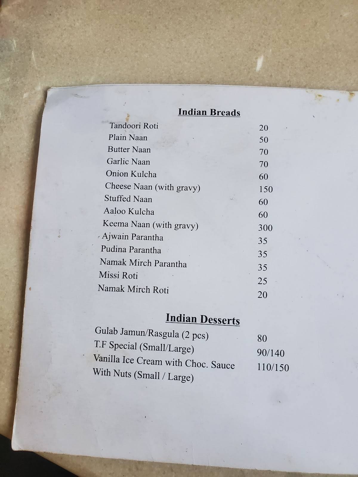 Menu at Café De Taj, Saharanpur