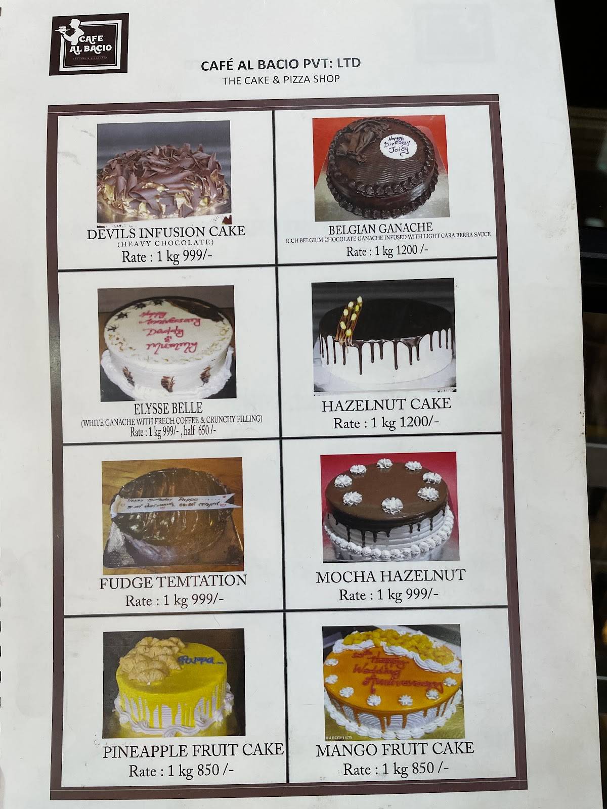 Cafe Al Bacio menu