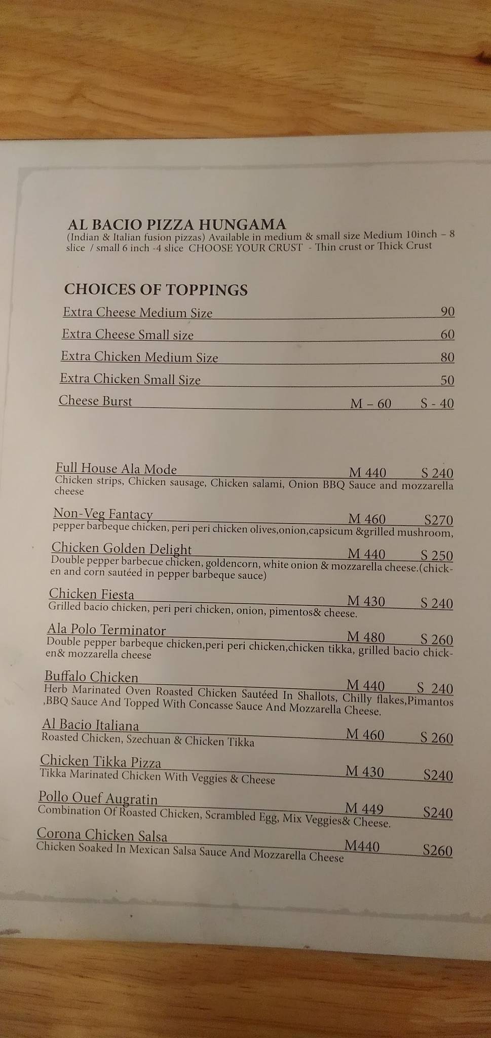 Cafe Al Bacio menu
