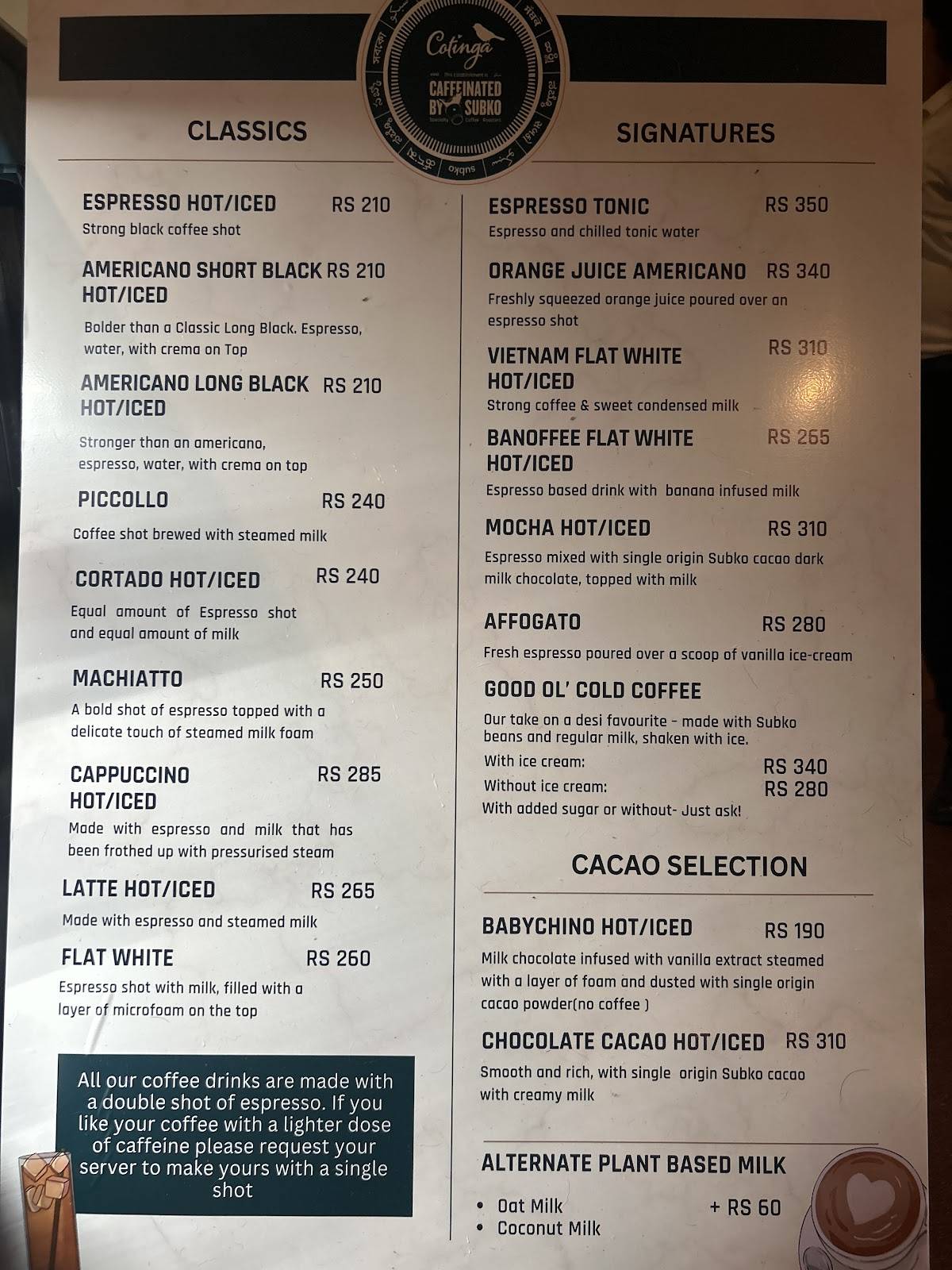 Cafe Cotinga Bakery Bar Restaurant menu