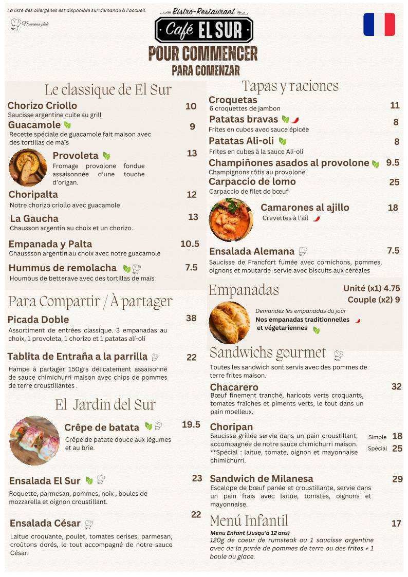 Menu de Café El Sur