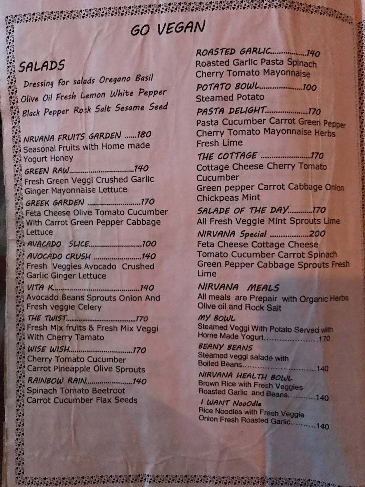 Cafe Nirvana menu
