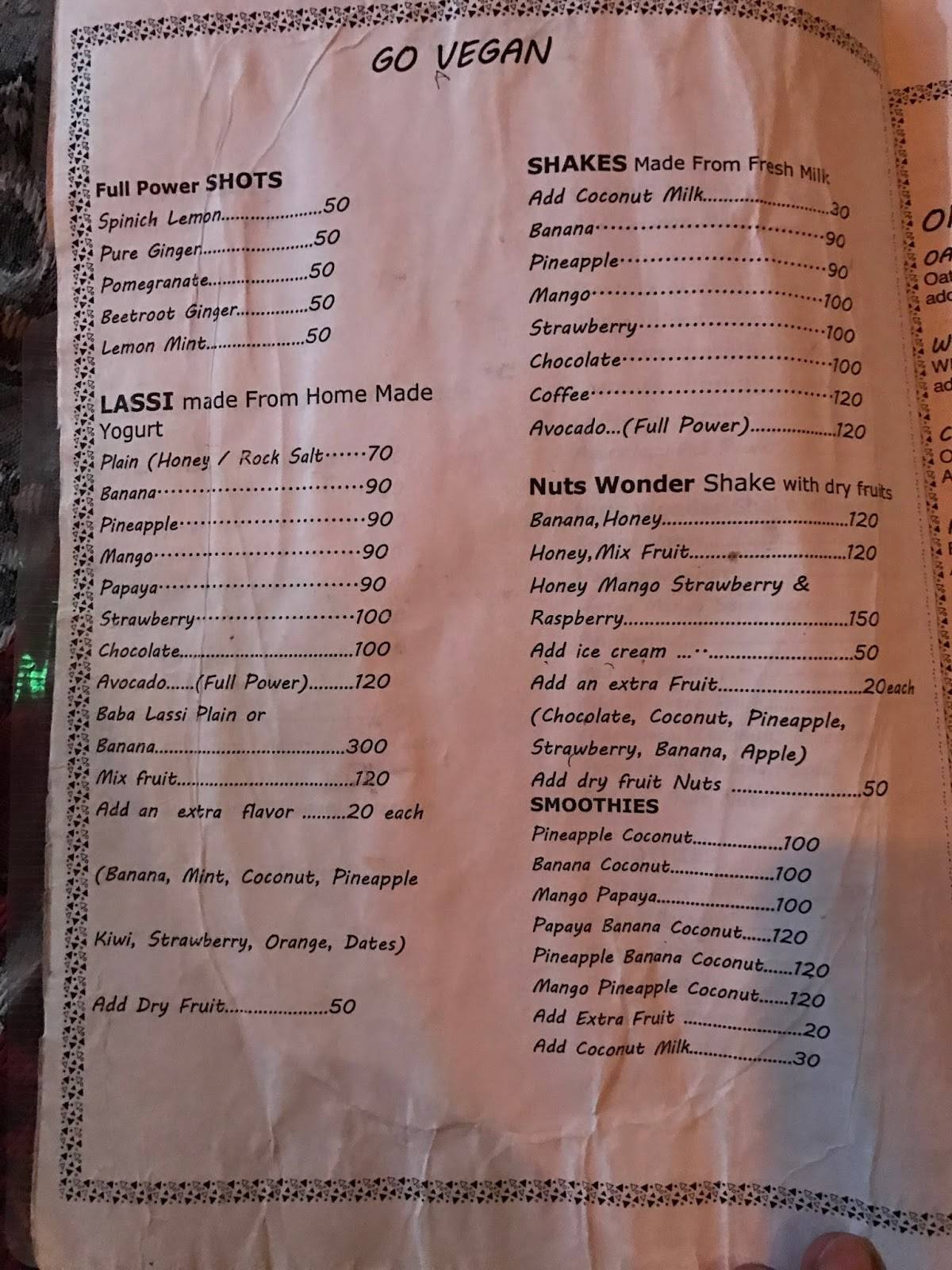 Cafe Nirvana menu