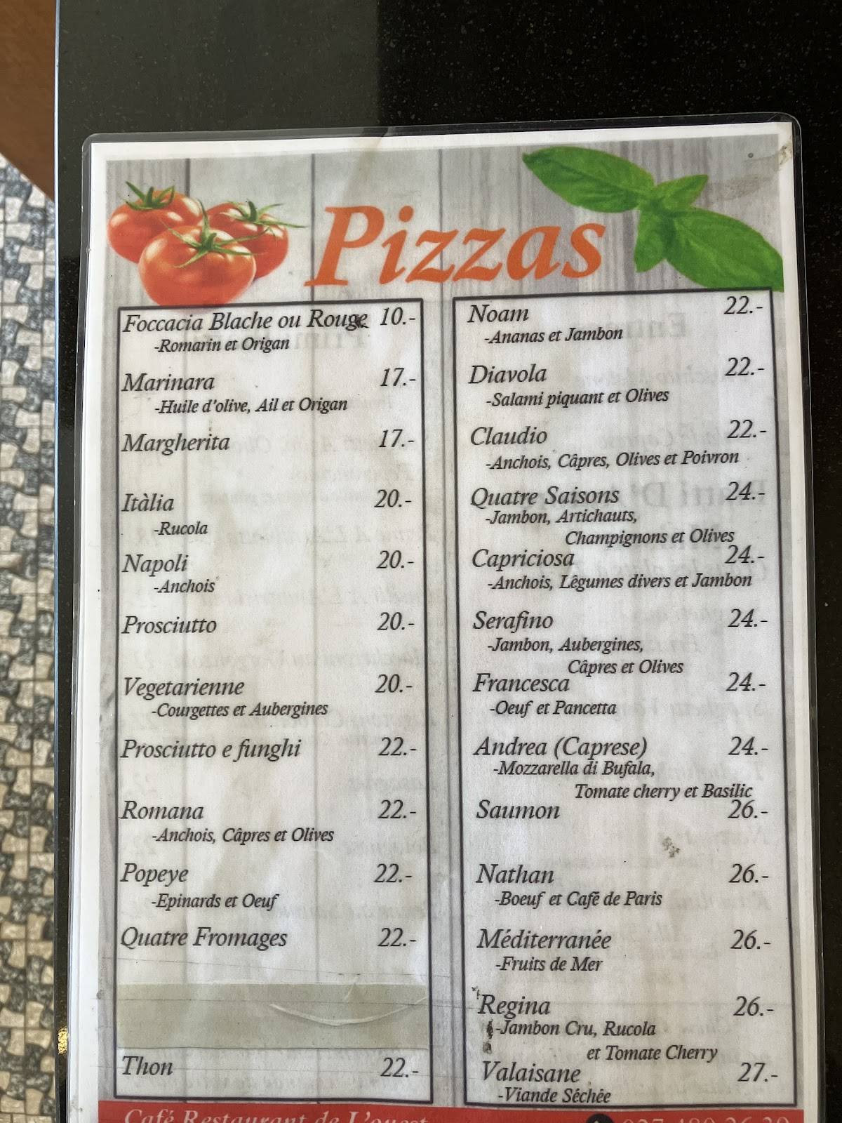 Menu di Café Pizzeria de l'Ouest 