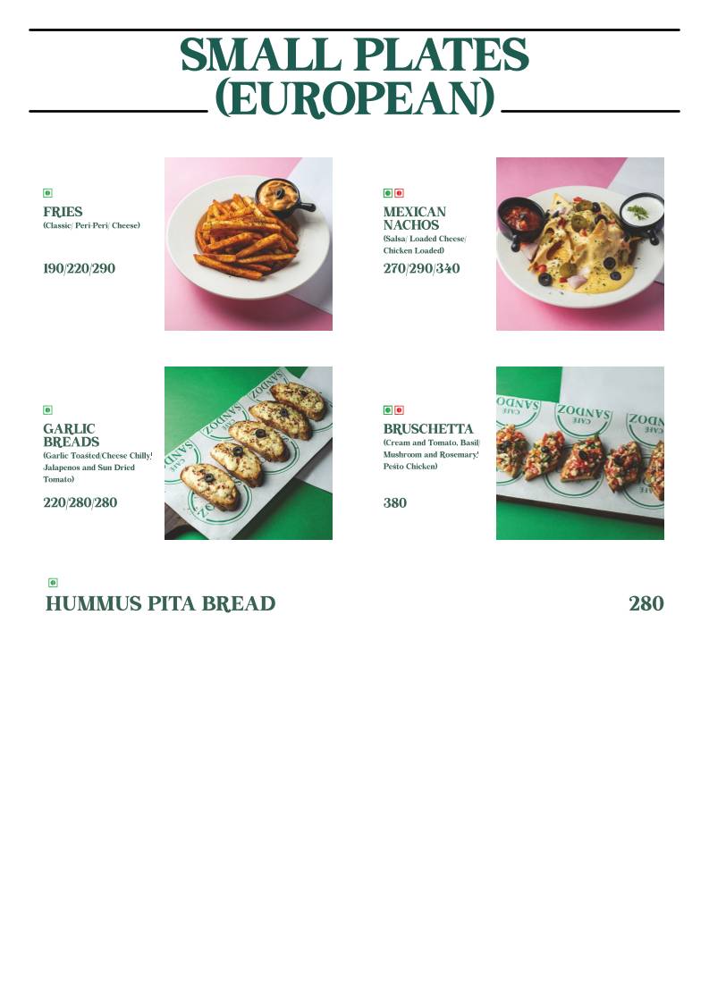 Cafe Sandoz - Vagator, Goa menu