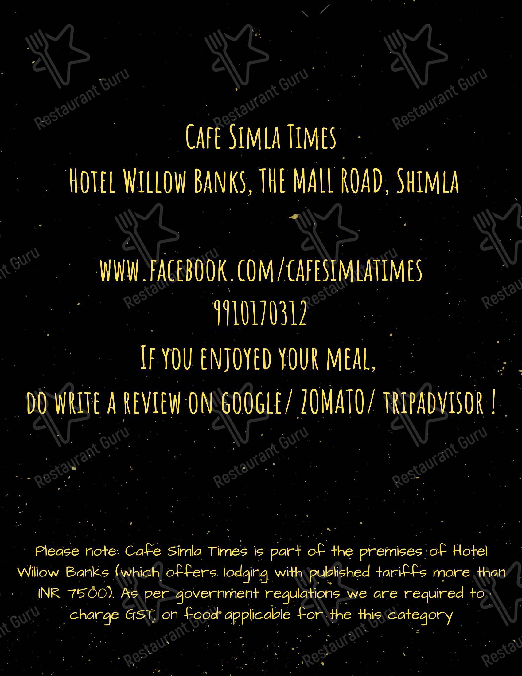 Cafe Simla Times : Cafe, Biergarten & Bar on the Mall Road Shimla ( Awarded Most Instagrammable Cafe of Himachal) in Shimla - Menu