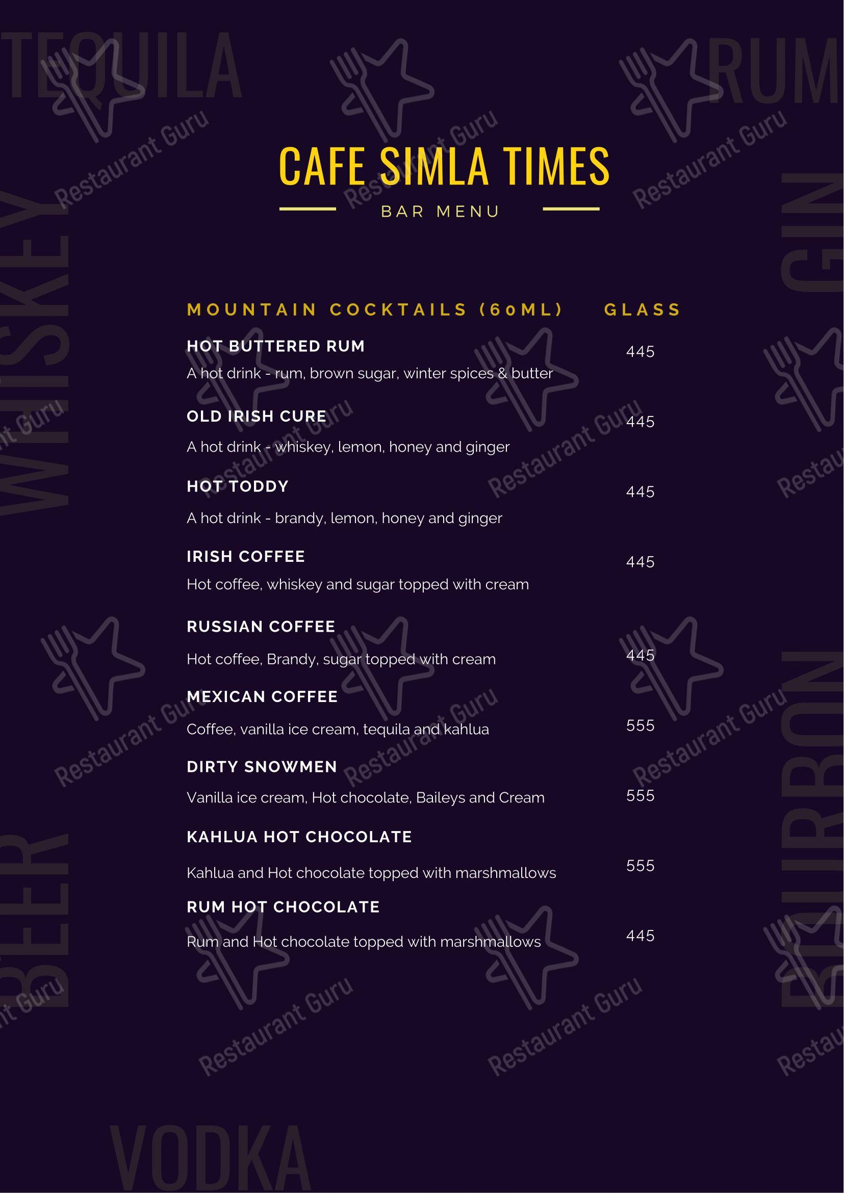 Menu for the Cafe Simla Times : Cafe, Biergarten & Bar on the Mall Road Shimla ( Awarded Most Instagrammable Cafe of Himachal) cafe