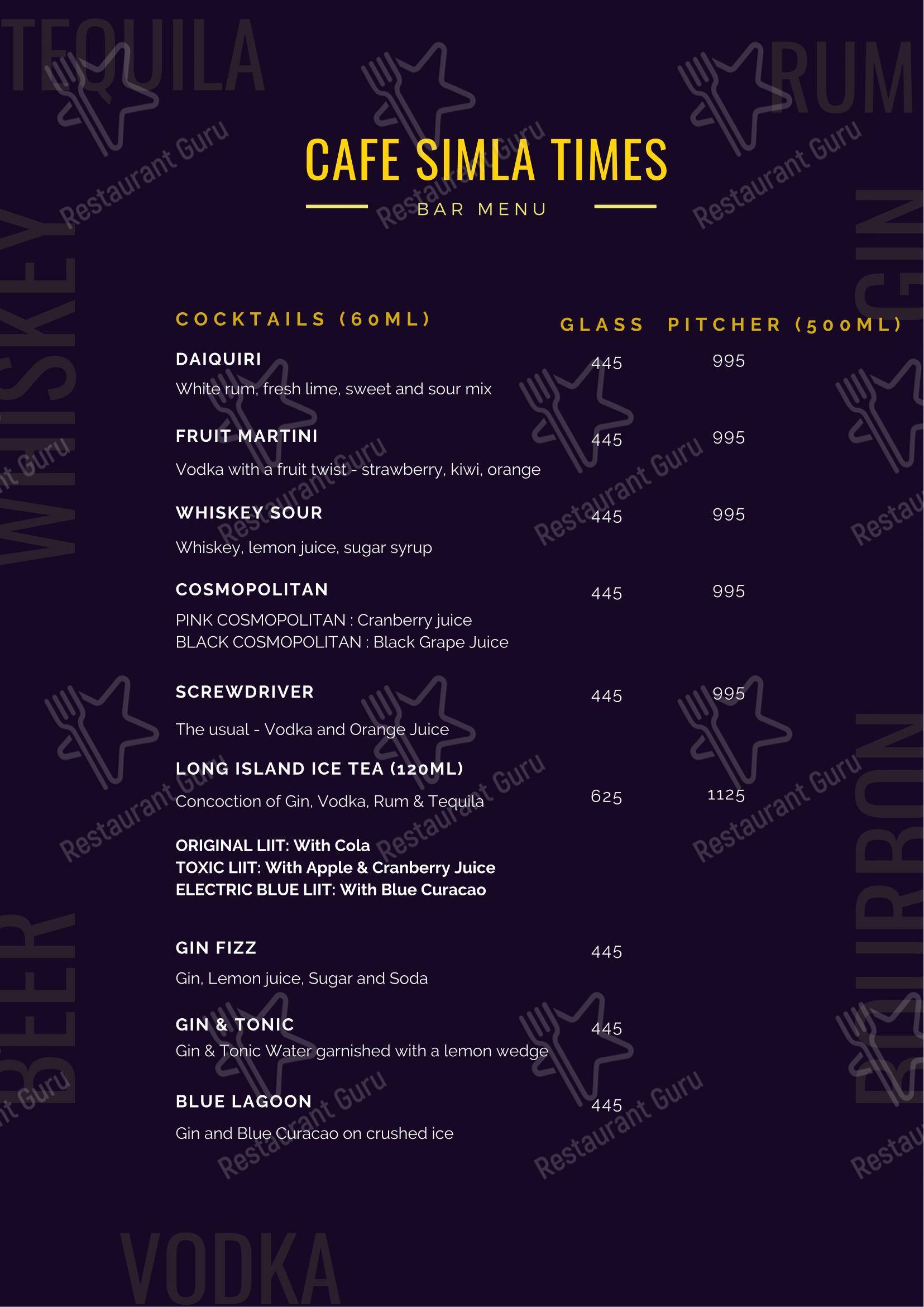 Cafe Simla Times : Cafe, Biergarten & Bar on the Mall Road Shimla ( Awarded Most Instagrammable Cafe of Himachal) - Menu