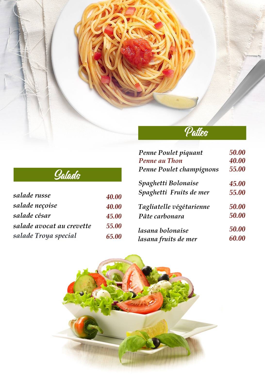 Menu de Café Snack Troya Castillejos