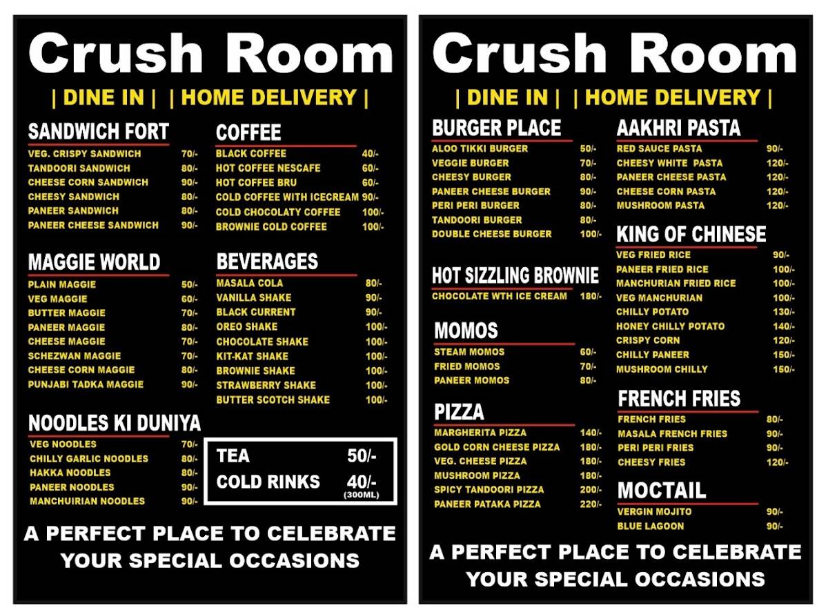 Cafe crush Room menu