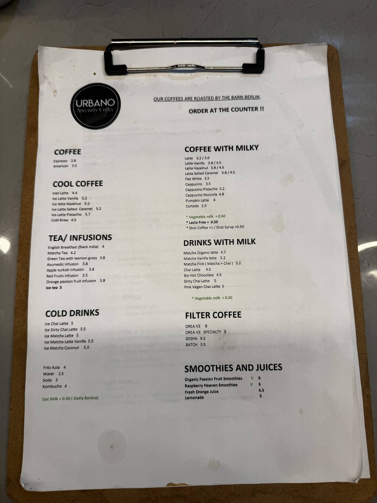 Carta de Urbano Specialty Coffee