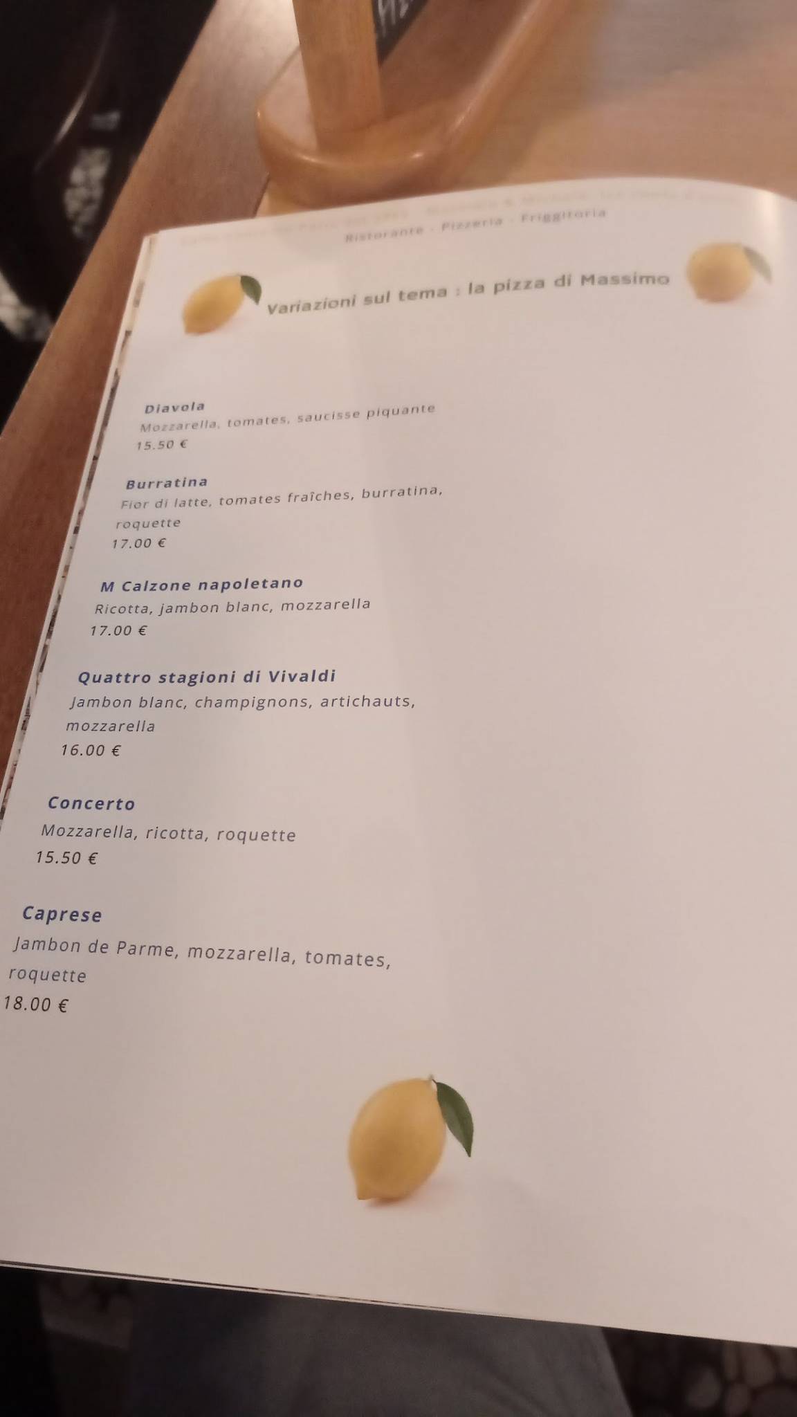 Menu de Caffè Concerto Paris 1955