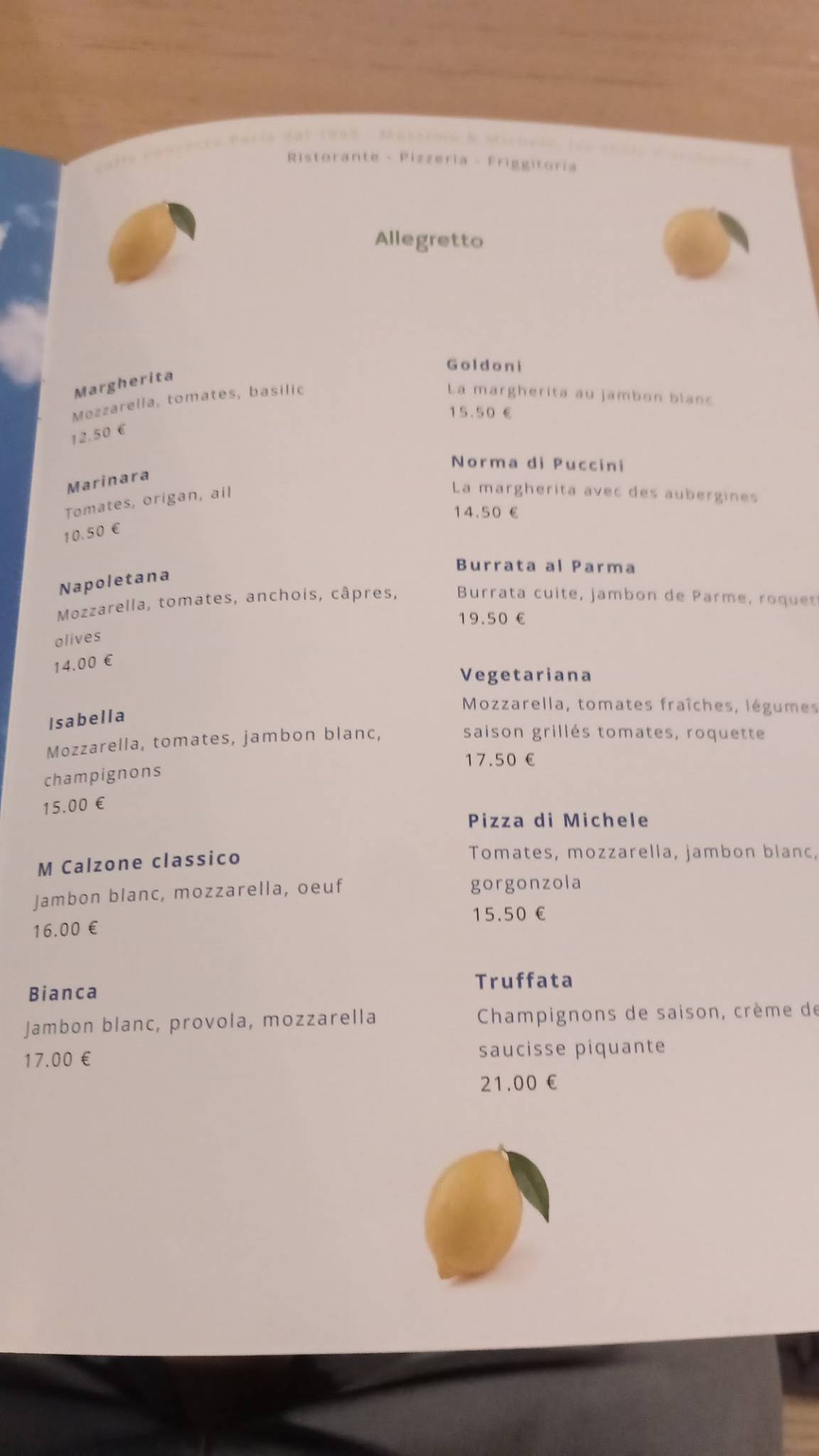 Menu de Caffè Concerto Paris 1955