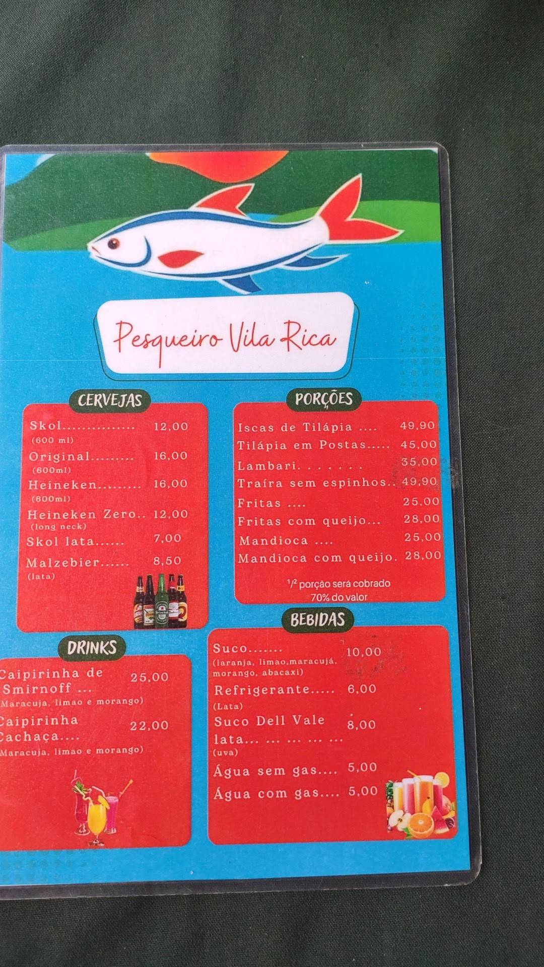 Pesqueiro e Restaurante Vila Rica - Pesca Esportiva cardápio