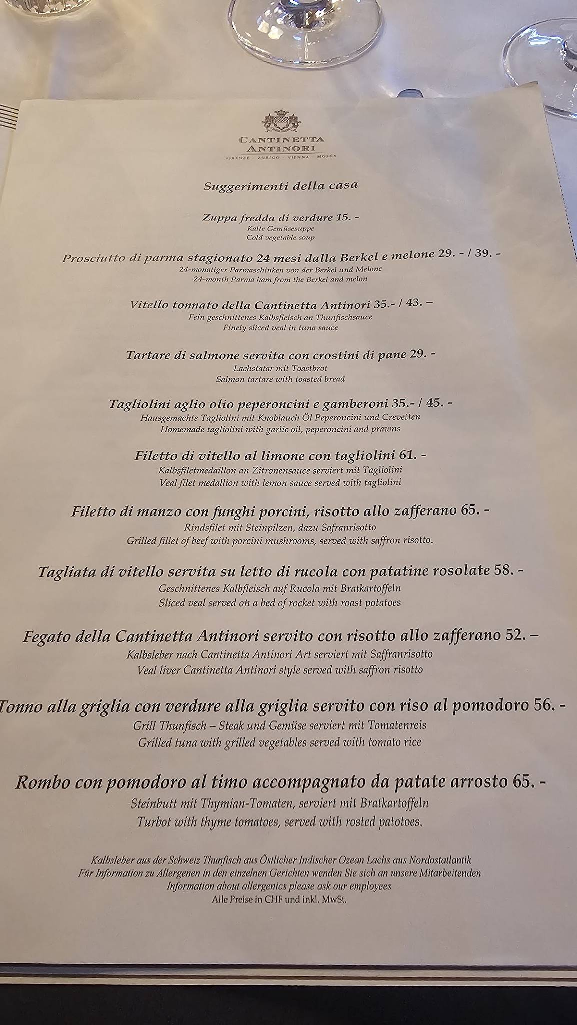 Menu di Cantinetta Antinori 