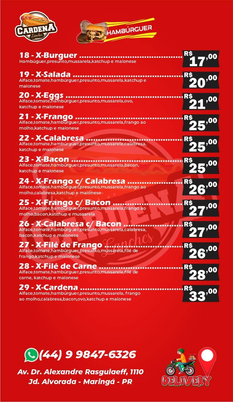 Cardena Lanches cardápio