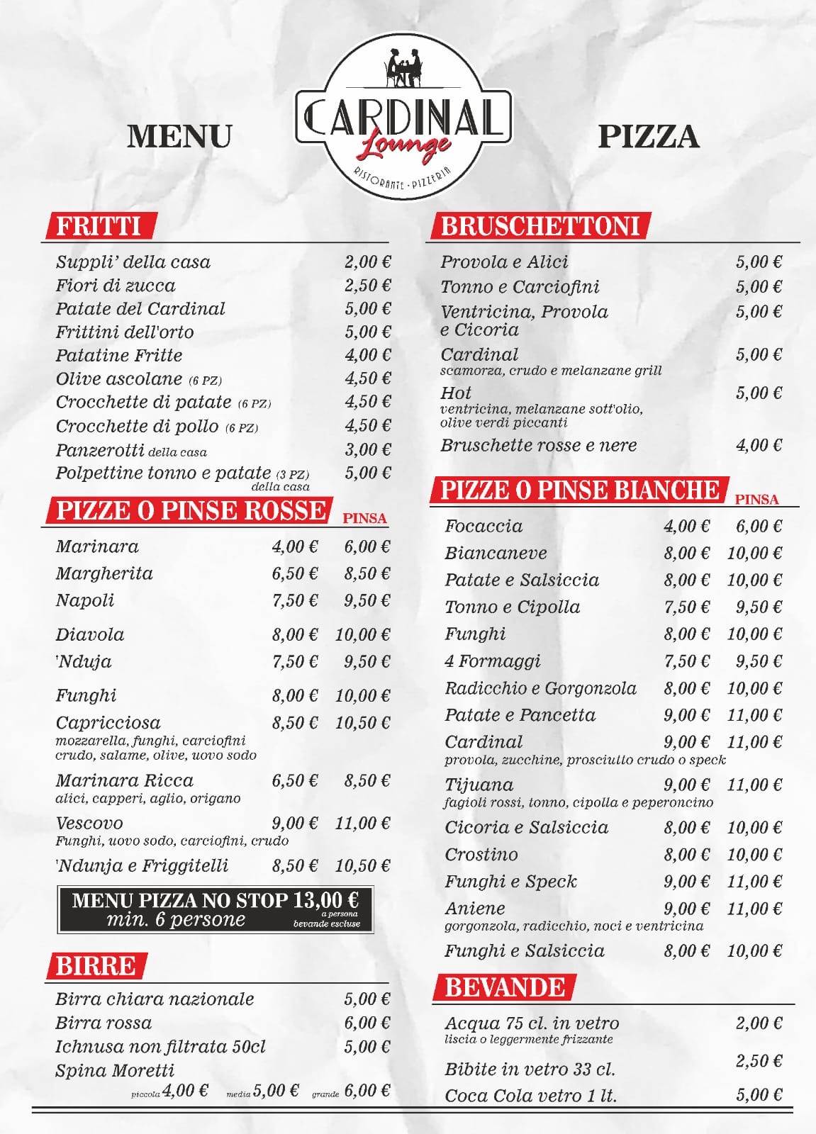 Menu di Cardinal Lounge Risto-Pizza 