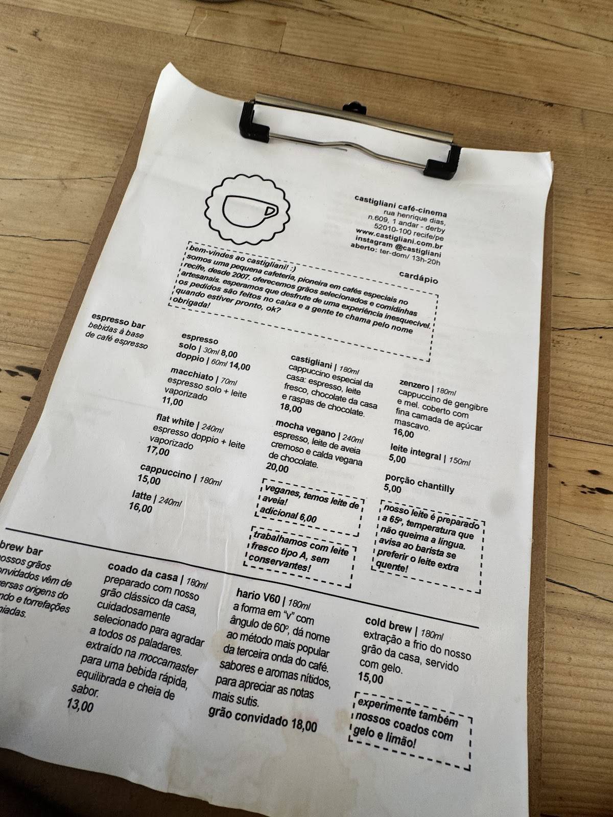 Castigliani Café-Fundação cardápio