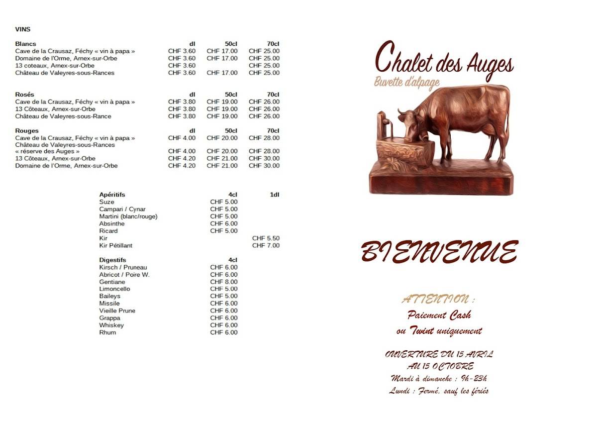 Menu di Chalet des Auges 