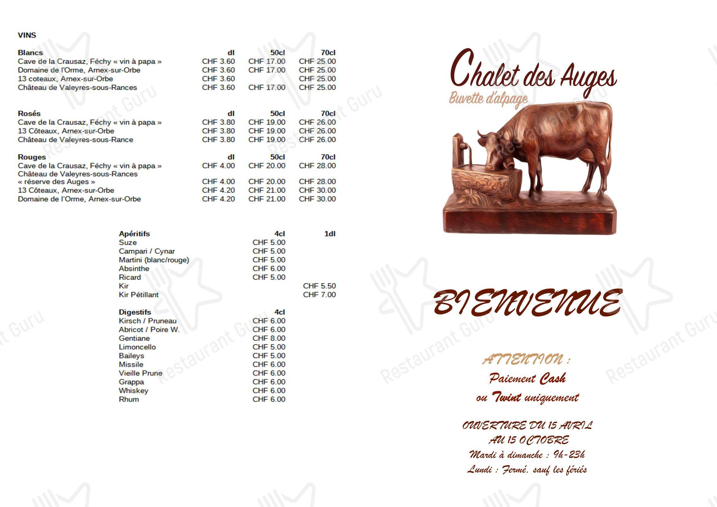 Menu per Chalet des Auges in Premier