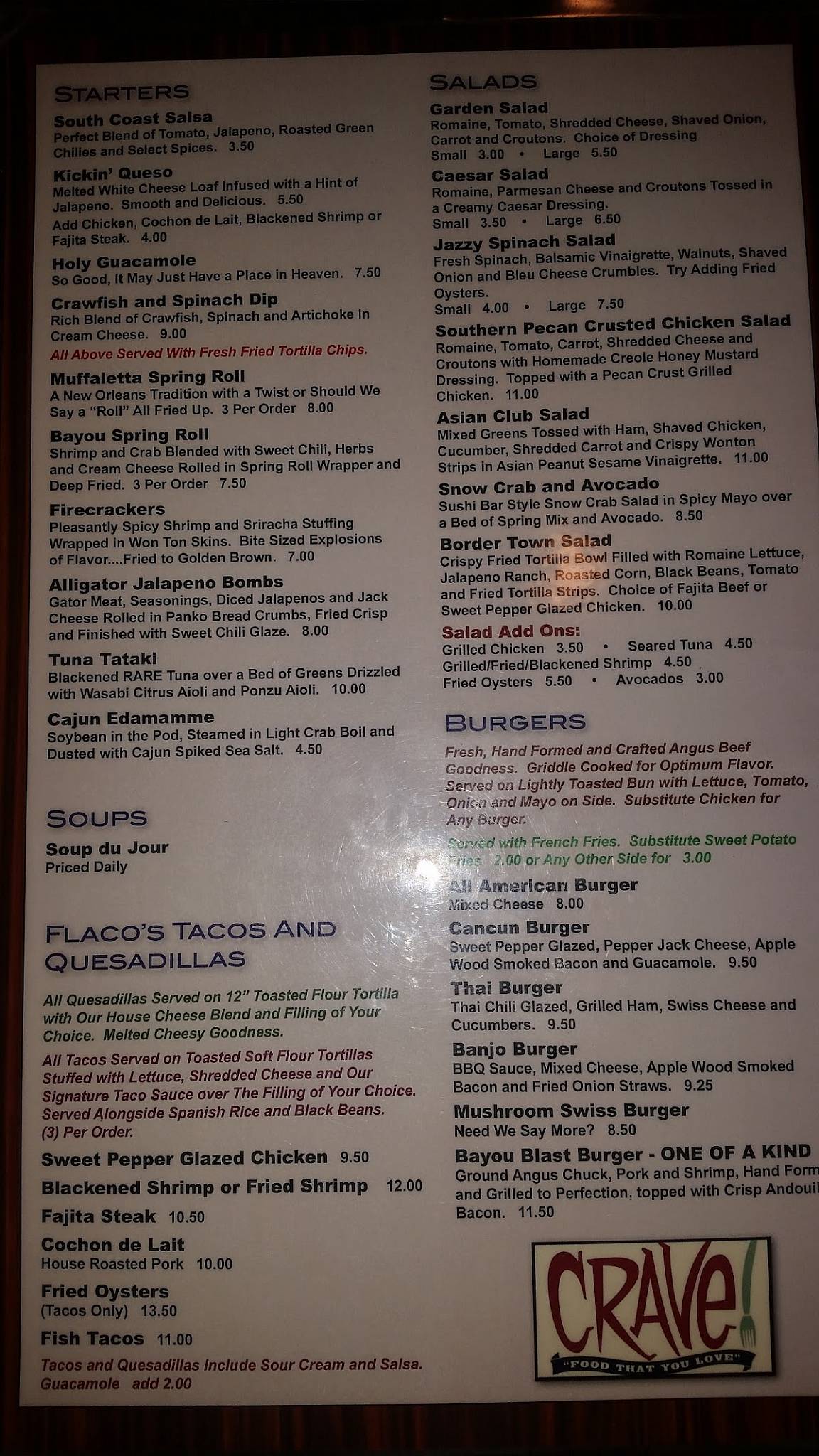 Menu at Crave restaurant, Meraux