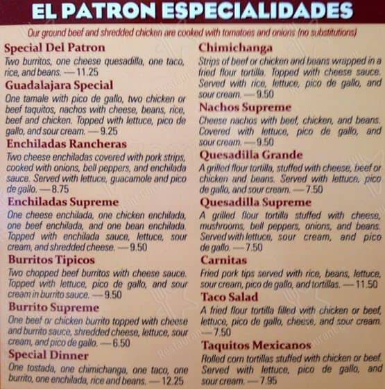 Menu at El Patron Mexican Restaurant, Gastonia, S New Hope Rd 9