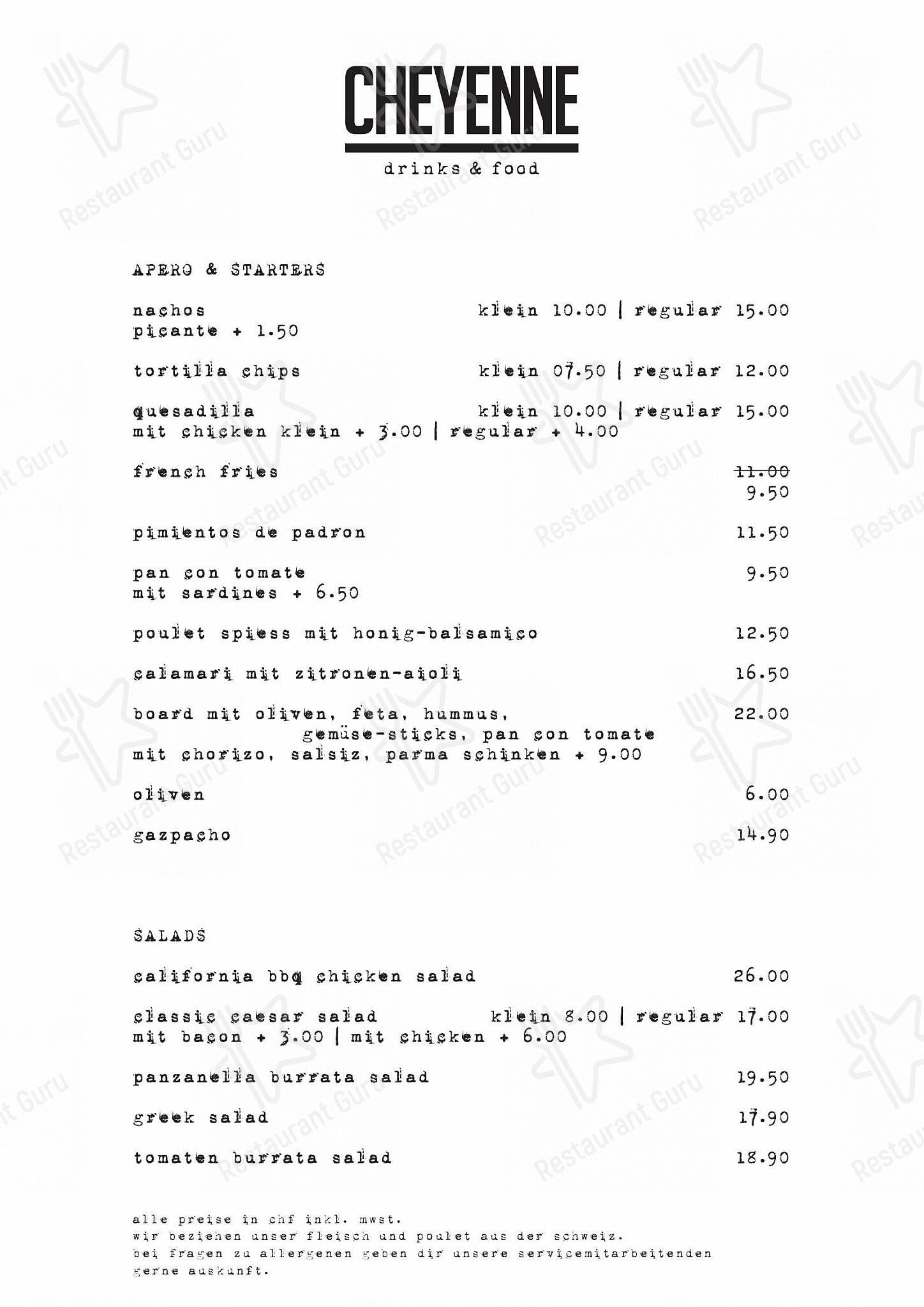 Dinner Menu pour Cheyenne pub et bar