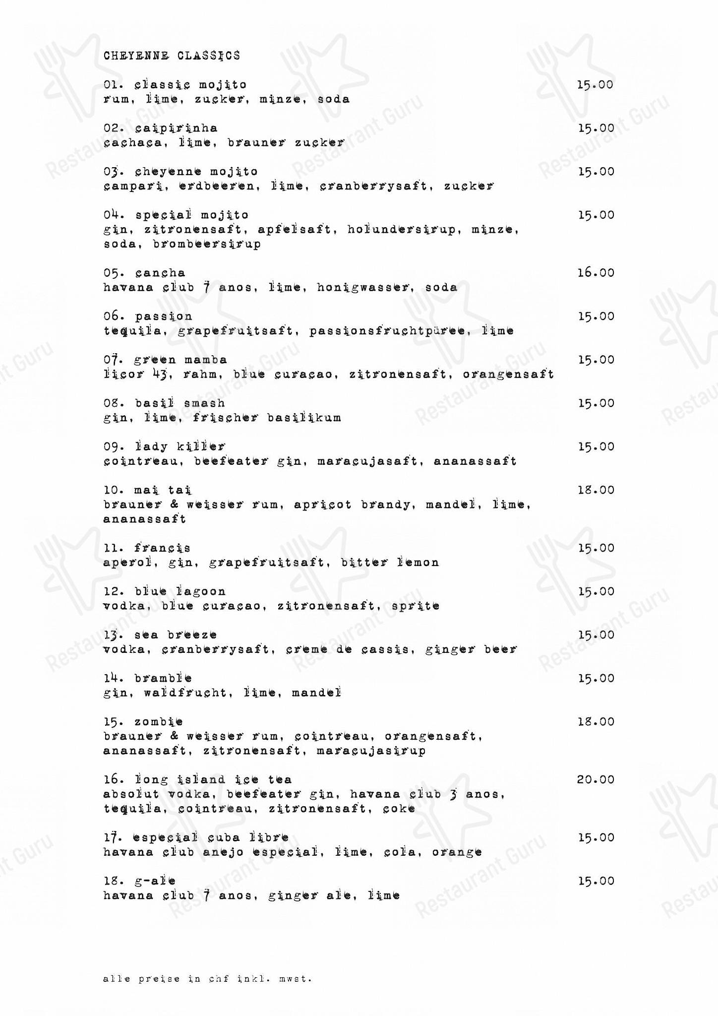 Menu pour Cheyenne - Dinner Menu