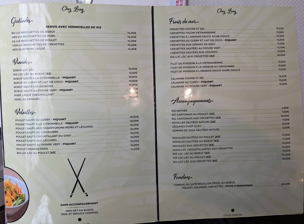 Menu de Chez Long, cuisine vietnamienne