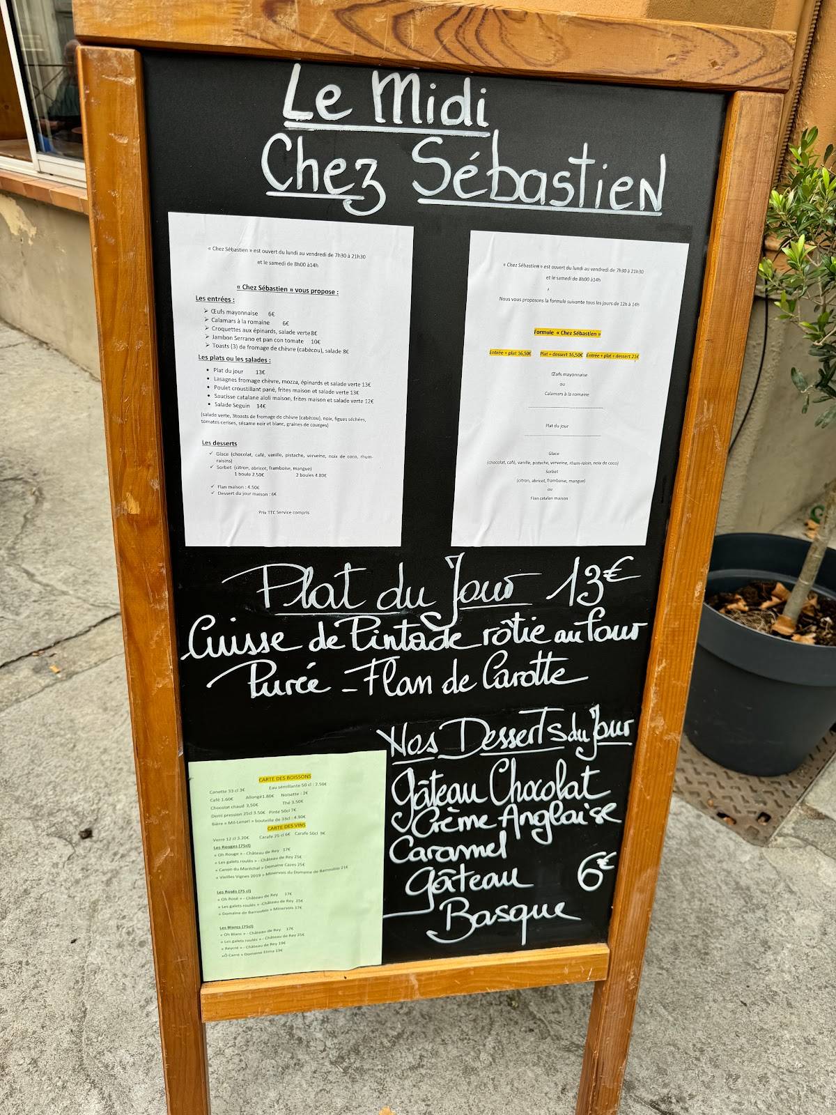 Menu de Chez Sébastien