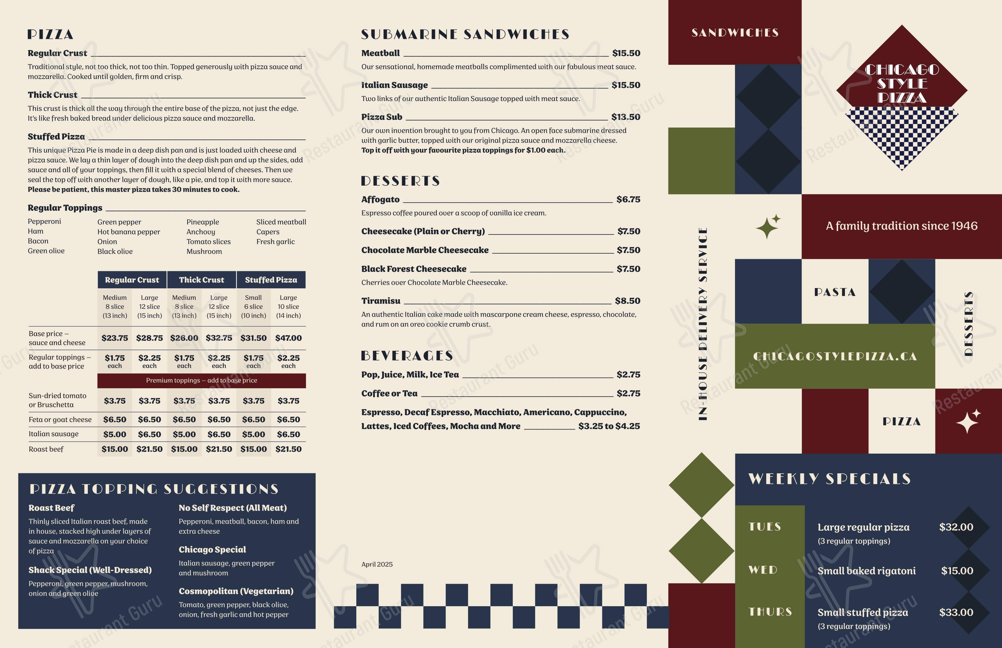 Menu bar pour Chicago Style Pizza pizzeria