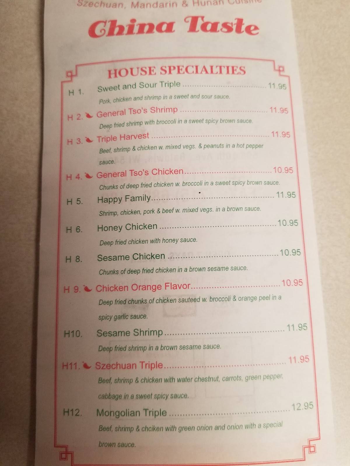 Menu at China Taste restaurant, Baldwin