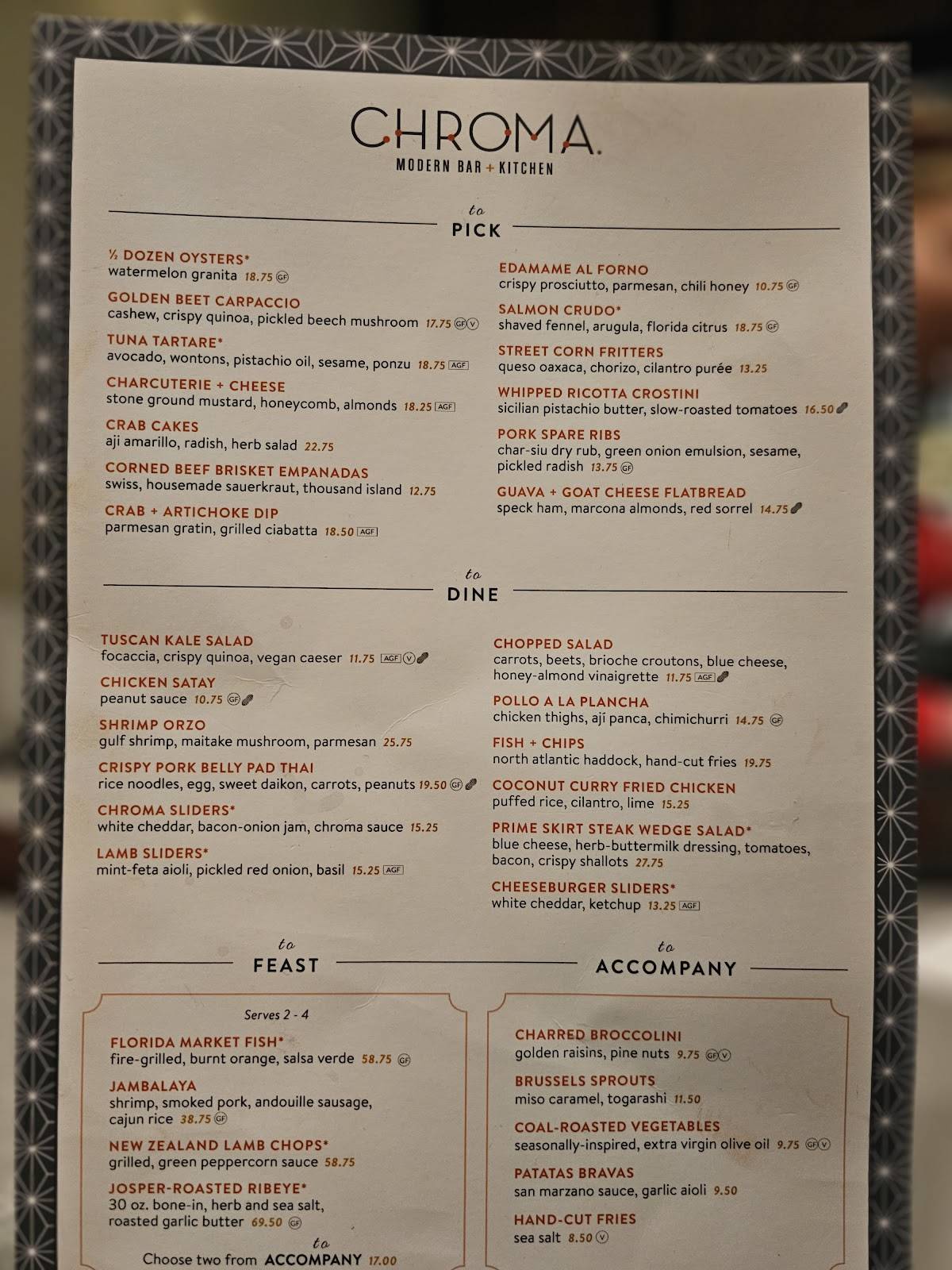 Menu at Chroma Modern Bar + Kitchen, Orlando, Lake Nona Blvd