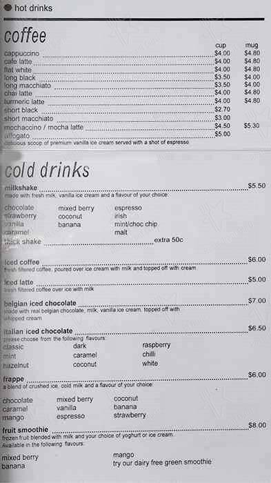 Menu at Cocoa Latte cafe, Williamstown