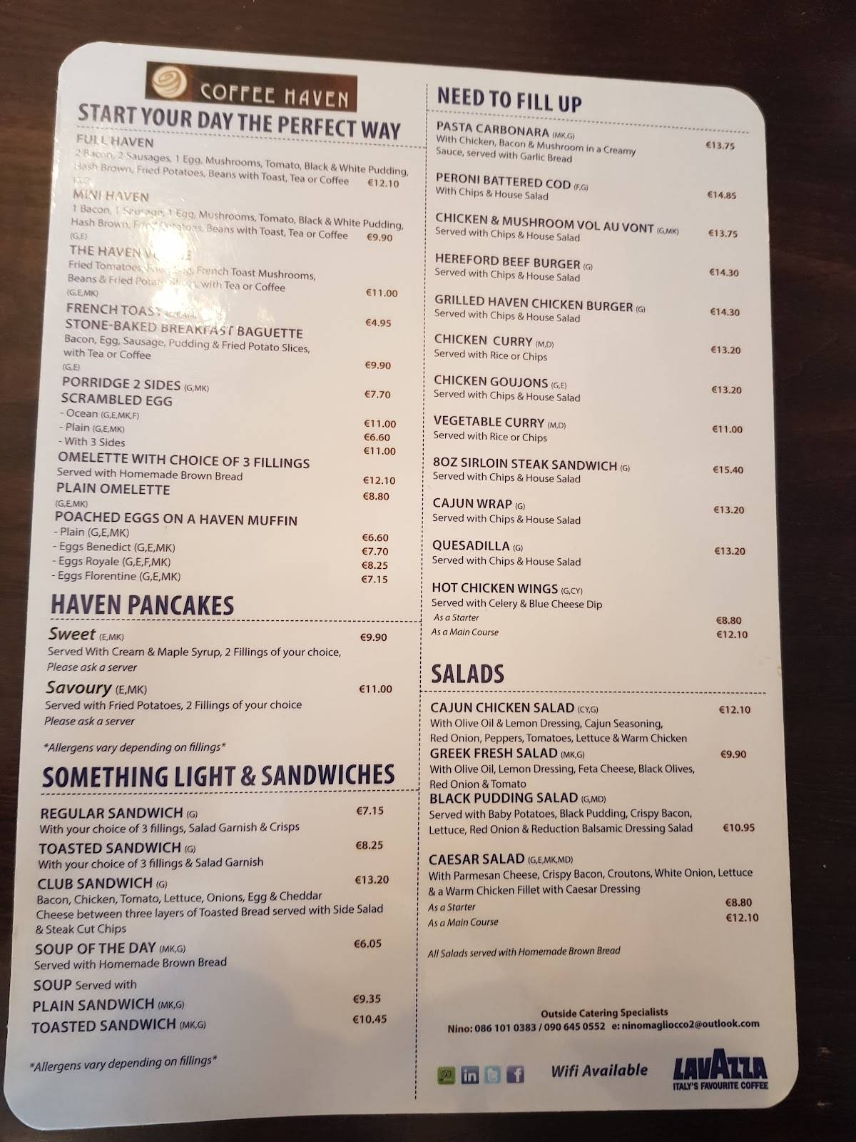 Menu at Coffee Haven cafe, Athlone, Golden Island