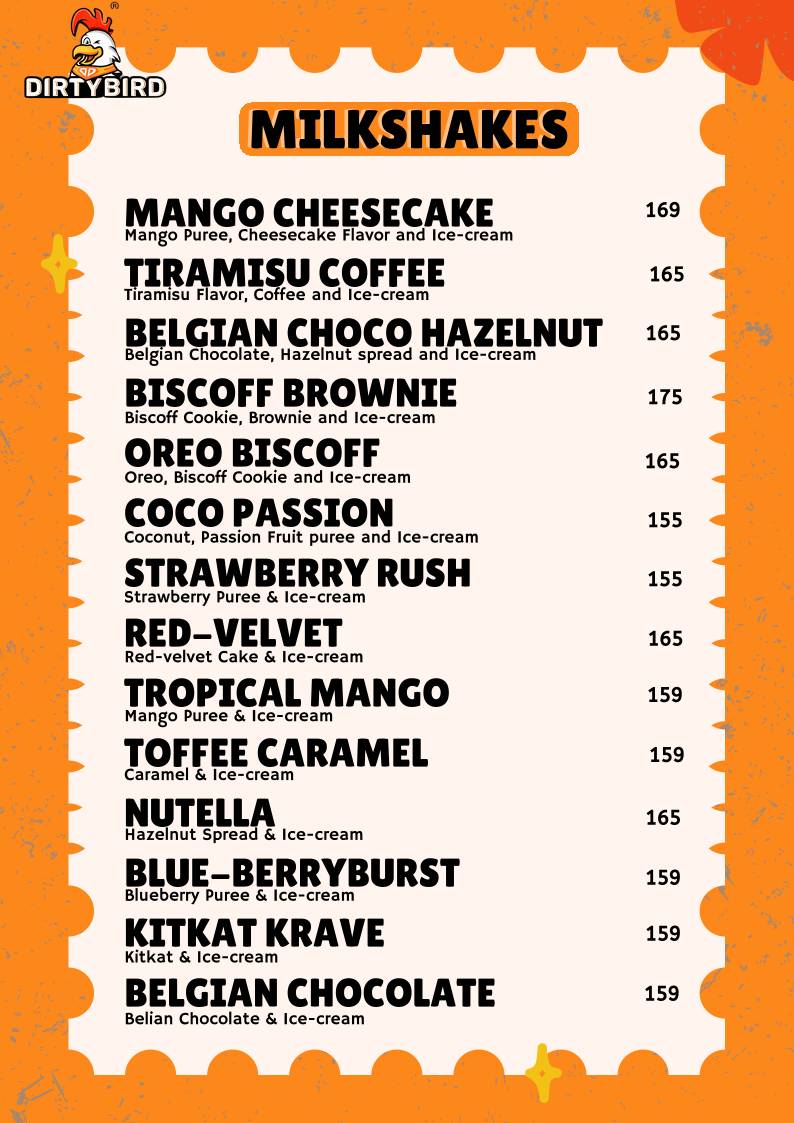 Dirty Bird Cafe & Burgeria menu